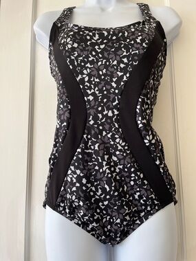 Lands' End Black Prism Floral 1 Piece Swimsuit Black White‎ Gray Women’s 6 Scoop